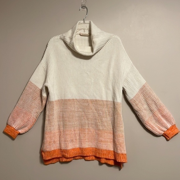 Soft Surroundings Porto White & Orange Ombré Cowl Neck Rib Sweater Puffed Sleeve - Picture 3 of 14